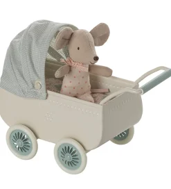 Maileg Miniature Dukkevogn m. Baby Mus - Mus - Mint
