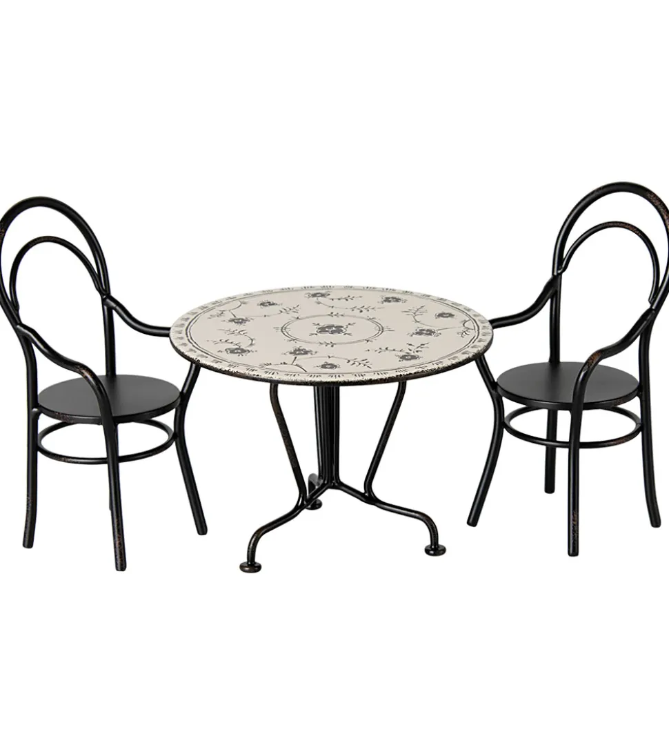 Maileg Miniature Spisebord Og 2 Stole - Sort/Beige